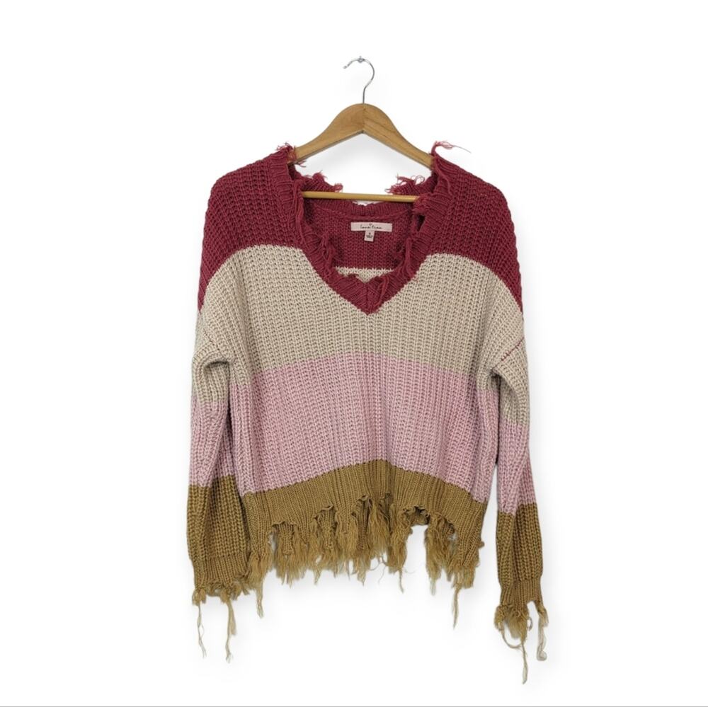 Love Tree Sweater S Pink Combo Colorblock Stripe Distressed V Neck Casual